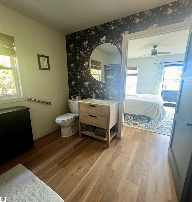 bathroom featuring vanity, hardwood / wood-style floors, toilet, and ceiling fan