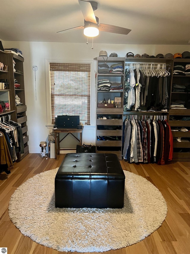 spacious closet with hardwood / wood-style flooring and ceiling fan