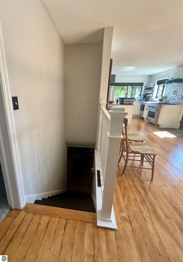 stairway with hardwood / wood-style flooring