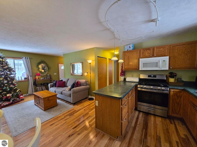 kitchen featuring hardwood / wood-style flooring, decorative light fixtures, and gas stove