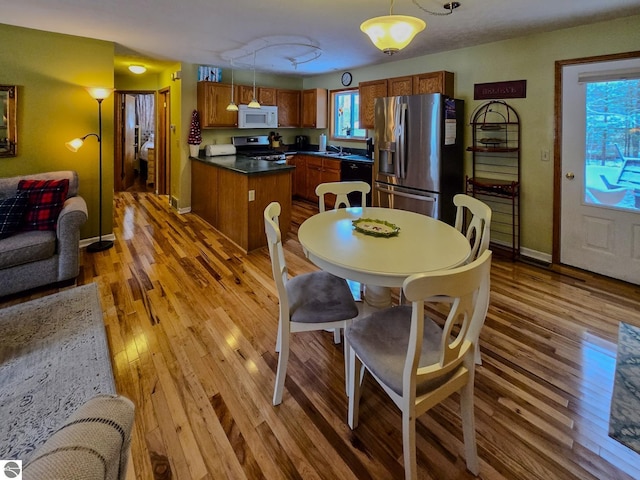 kitchen with hanging light fixtures, a wealth of natural light, stainless steel appliances, and light hardwood / wood-style floors