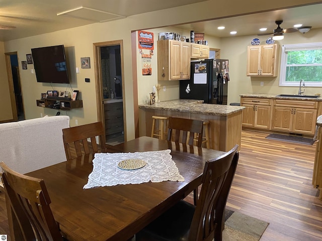 dining space featuring sink, light hardwood / wood-style flooring, and ceiling fan