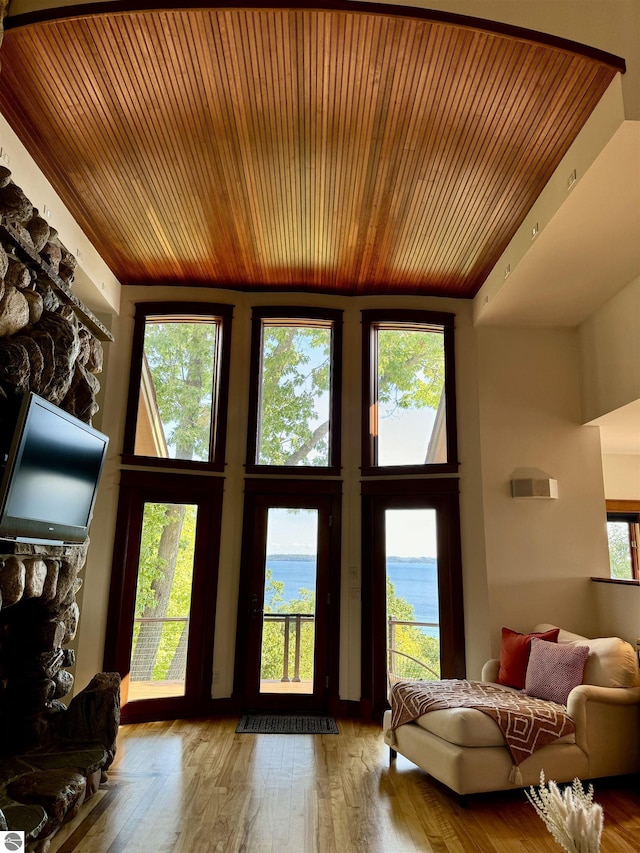 entryway with a high ceiling, wood-type flooring, and a stone fireplace