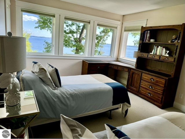 bedroom featuring a water view and light colored carpet