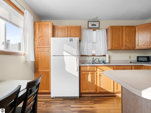 kitchen featuring white refrigerator, dark hardwood / wood-style floors, sink, and a textured ceiling