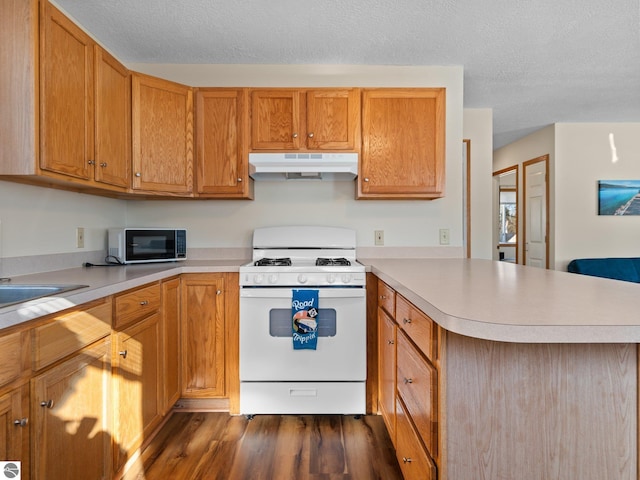 kitchen featuring dark hardwood / wood-style floors, white gas range oven, and a textured ceiling