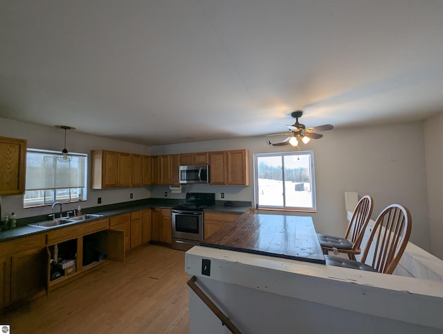 kitchen featuring pendant lighting, sink, light hardwood / wood-style flooring, ceiling fan, and appliances with stainless steel finishes