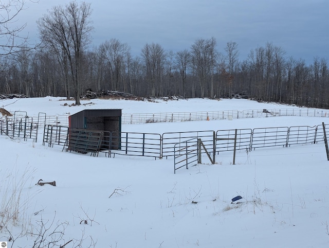 snowy yard with an outdoor structure and a rural view