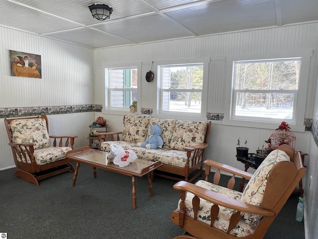 living area featuring a healthy amount of sunlight and carpet flooring