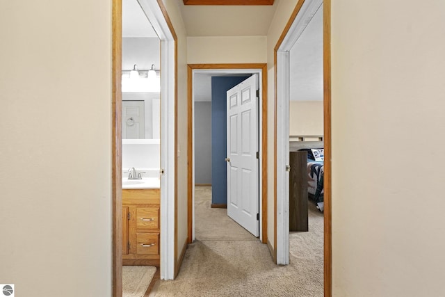 hall featuring sink and light carpet