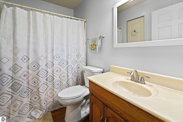 bathroom with vanity, wood-type flooring, toilet, and a shower with shower curtain