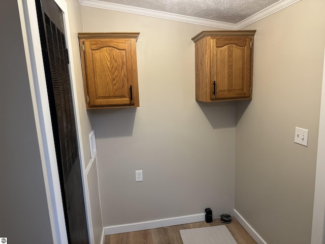 washroom with crown molding, wood-type flooring, and a textured ceiling