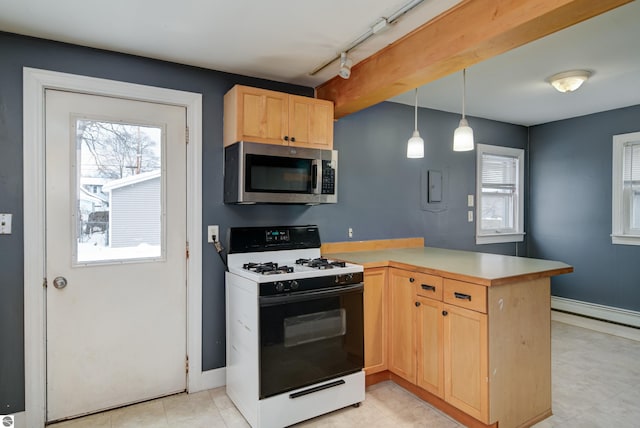 kitchen featuring white gas stove, light brown cabinets, baseboard heating, kitchen peninsula, and pendant lighting