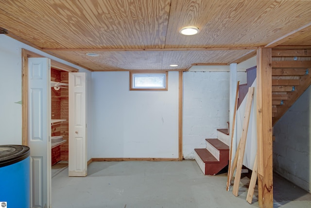 basement featuring wooden ceiling