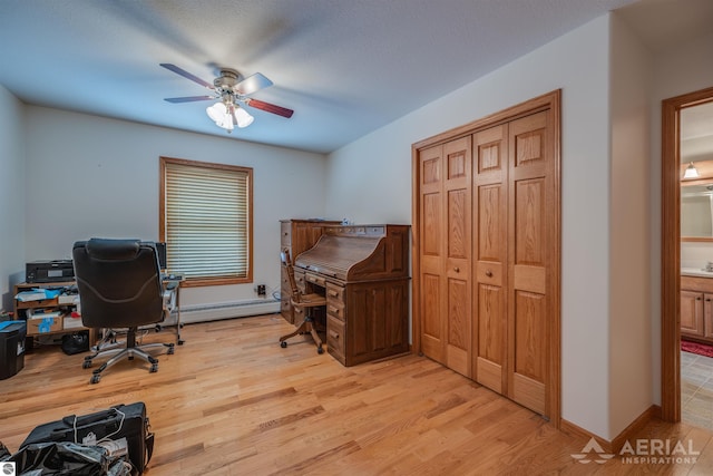 office area featuring light hardwood / wood-style floors and ceiling fan