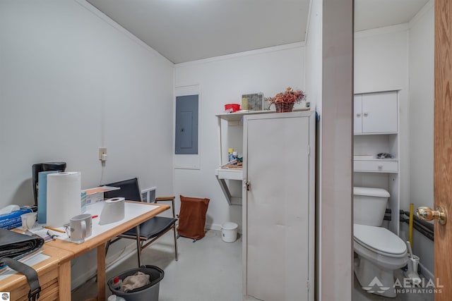 bathroom featuring ornamental molding, toilet, electric panel, and concrete floors