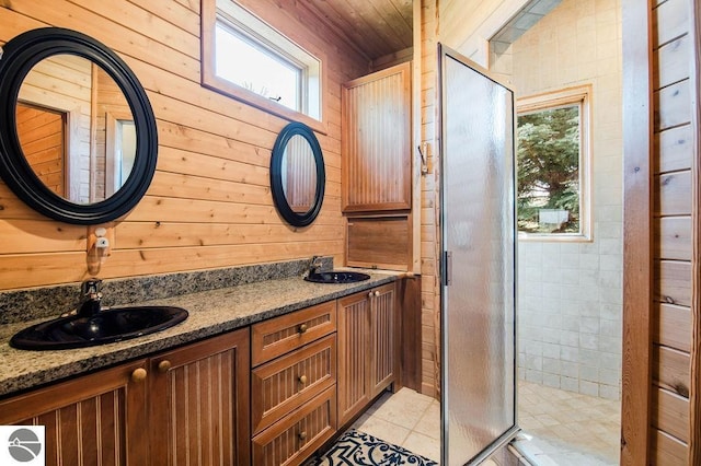 bathroom featuring vanity, a shower with door, and wood walls