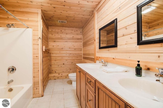 full bathroom featuring wood ceiling, wooden walls, tile patterned floors, and toilet