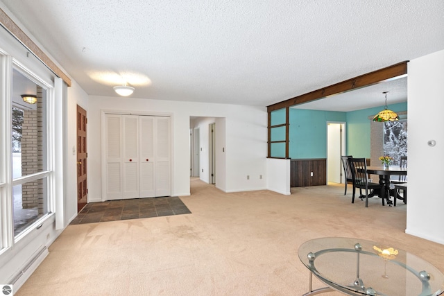 foyer featuring carpet floors, a textured ceiling, and baseboard heating