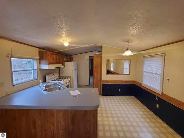 kitchen featuring lofted ceiling, sink, decorative light fixtures, a textured ceiling, and white appliances