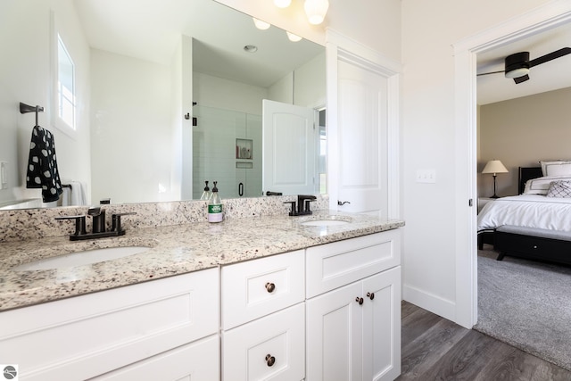 bathroom with hardwood / wood-style flooring, vanity, and a shower with shower door