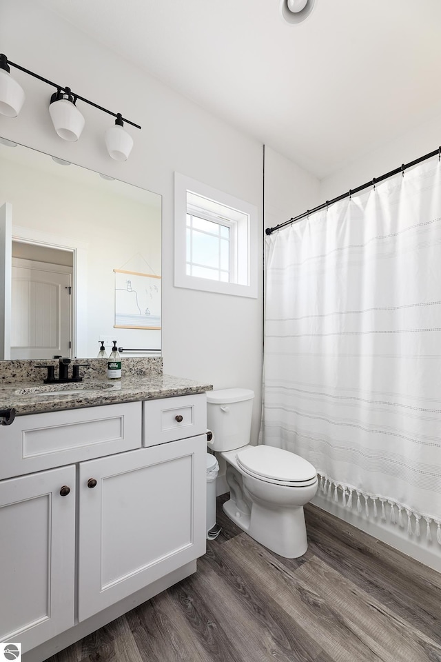 bathroom with vanity, hardwood / wood-style flooring, and toilet