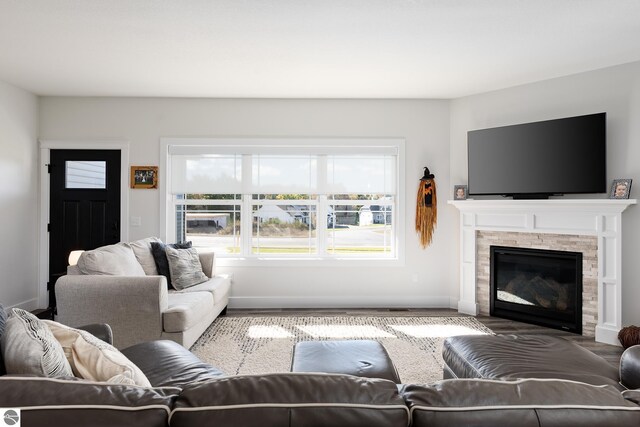 living room featuring a fireplace