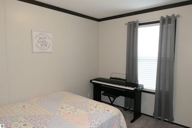 carpeted bedroom featuring crown molding