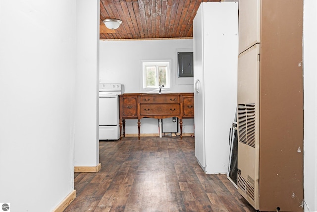 kitchen featuring wood ceiling, dark hardwood / wood-style floors, white electric range oven, and sink