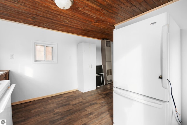 kitchen featuring wood ceiling, dark wood-type flooring, white fridge, and stove