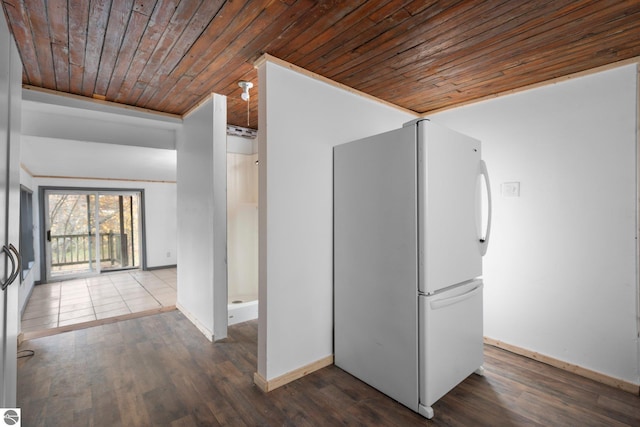 hallway with wood ceiling and dark wood-type flooring