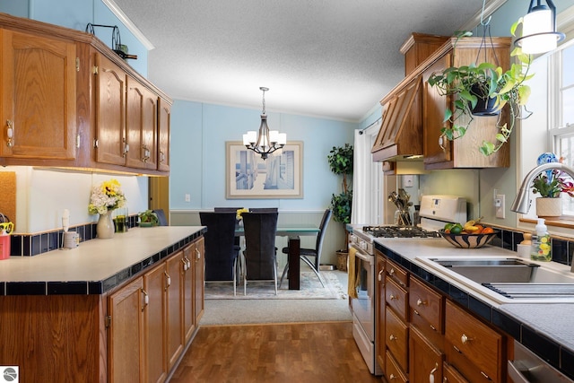 kitchen featuring dark hardwood / wood-style floors, decorative light fixtures, sink, a notable chandelier, and gas range gas stove