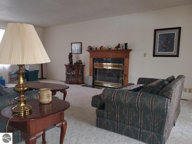 living area featuring a fireplace and light colored carpet