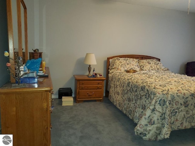 bedroom with dark colored carpet