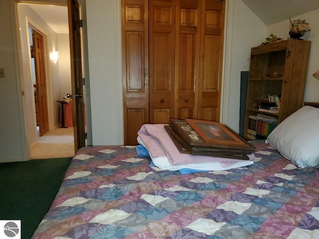 bedroom featuring lofted ceiling, a closet, and carpet flooring