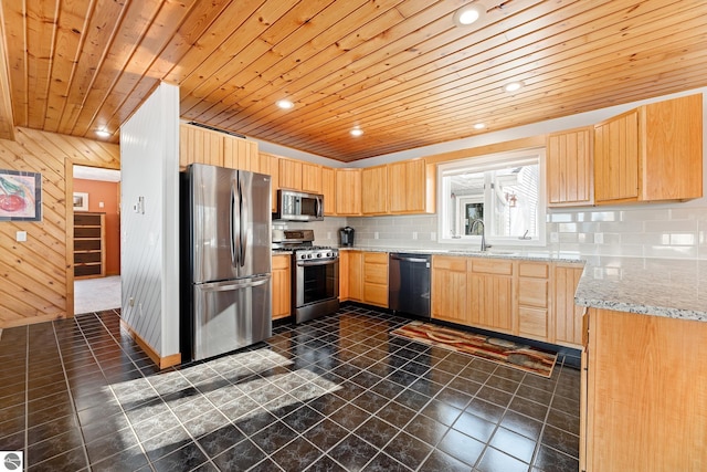 kitchen with sink, wood ceiling, stainless steel appliances, light stone counters, and decorative backsplash