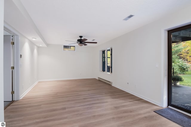 empty room featuring ceiling fan, a baseboard radiator, and light hardwood / wood-style floors