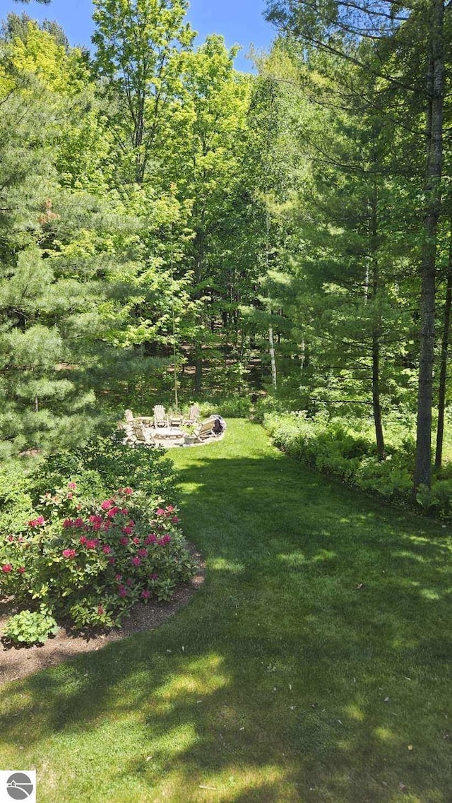 view of yard with a view of trees