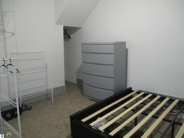 bedroom featuring vaulted ceiling and carpet