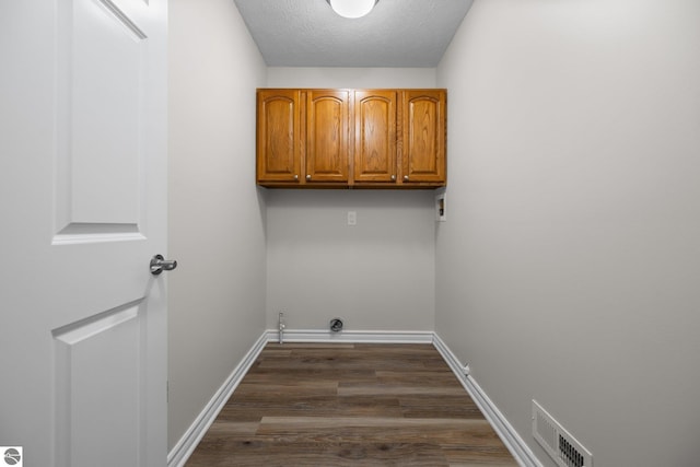 washroom with visible vents, baseboards, cabinet space, dark wood-type flooring, and a textured ceiling