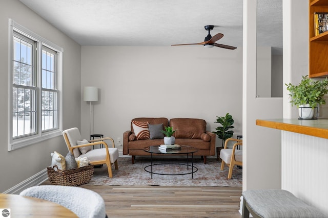 living room featuring a ceiling fan, wood finished floors, and baseboards