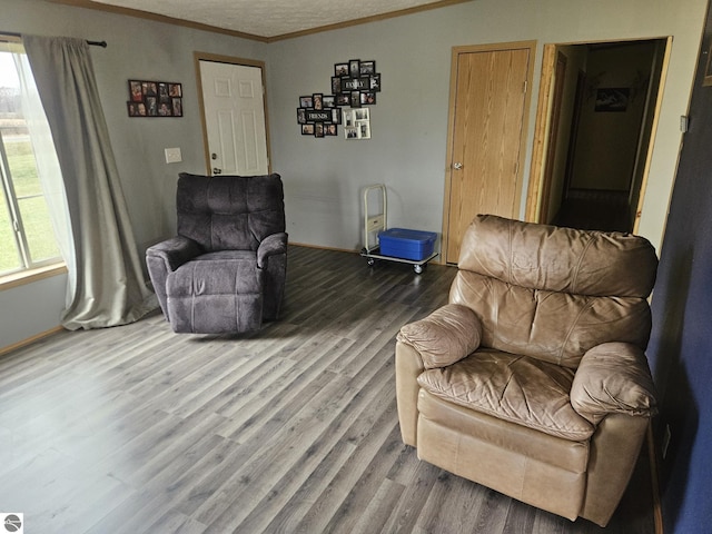 living area featuring wood-type flooring and ornamental molding