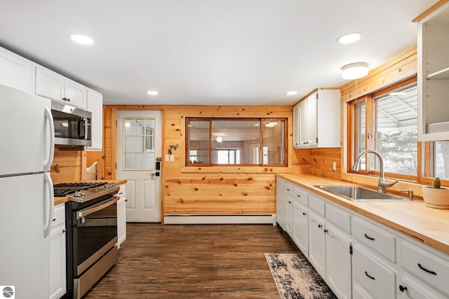 kitchen featuring sink, a baseboard radiator, appliances with stainless steel finishes, dark hardwood / wood-style flooring, and white cabinets