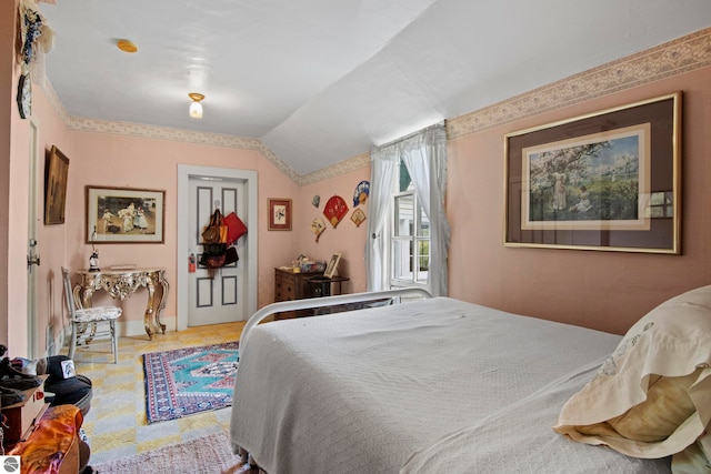 bedroom with vaulted ceiling and a closet