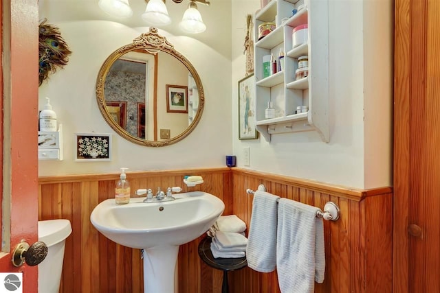 bathroom with toilet and wooden walls