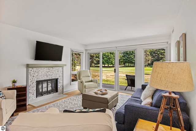 living room featuring hardwood / wood-style flooring and a fireplace