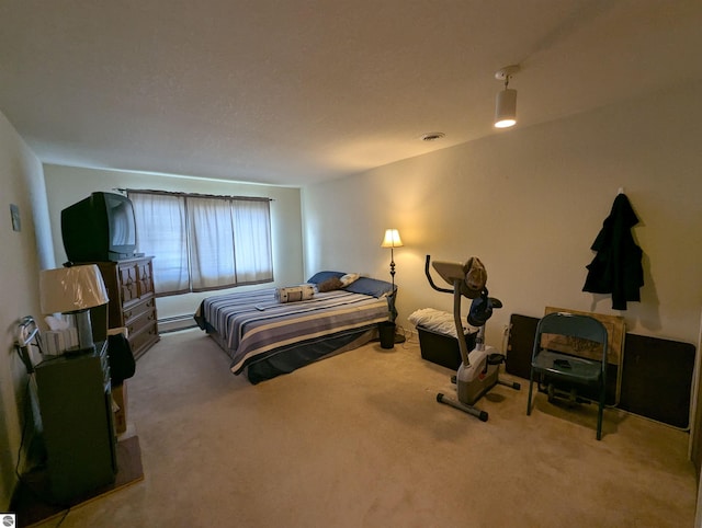 bedroom with baseboard heating and carpet flooring