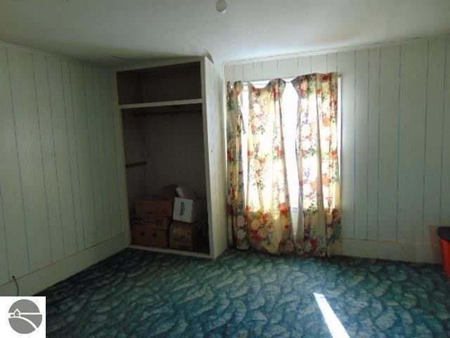 unfurnished bedroom featuring wood walls and carpet flooring