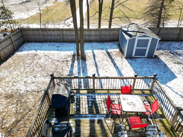 wooden terrace with a grill and a storage unit