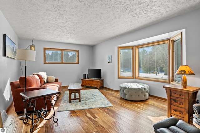 living room with light hardwood / wood-style flooring and a textured ceiling